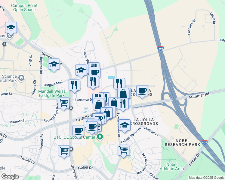 map of restaurants, bars, coffee shops, grocery stores, and more near 9360 Executive Drive in San Diego