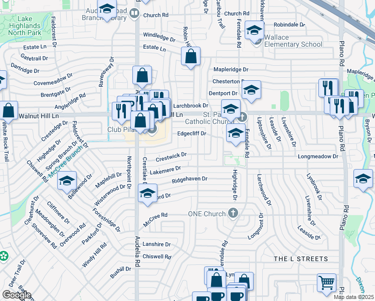 map of restaurants, bars, coffee shops, grocery stores, and more near 9938 Edgecliff Circle in Dallas