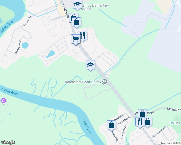 map of restaurants, bars, coffee shops, grocery stores, and more near 6401 Dorchester Road in North Charleston