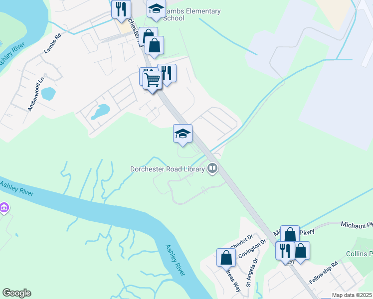 map of restaurants, bars, coffee shops, grocery stores, and more near 6401 Dorchester Road in North Charleston
