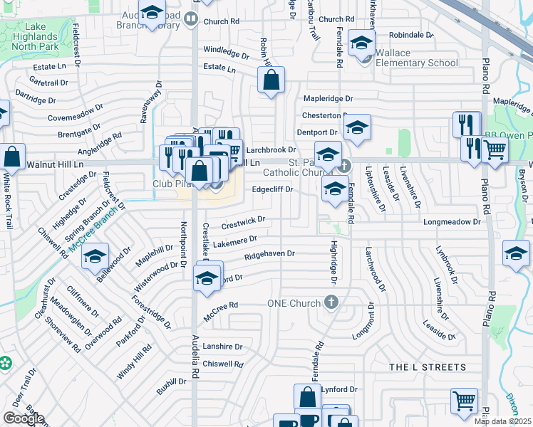 map of restaurants, bars, coffee shops, grocery stores, and more near 9938 Edgecliff Circle in Dallas