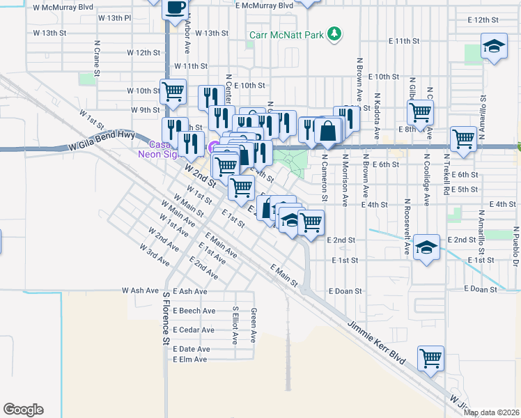 map of restaurants, bars, coffee shops, grocery stores, and more near 319 North Marshall Street in Casa Grande