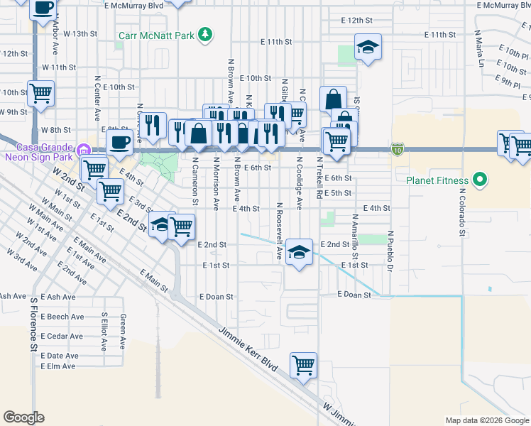 map of restaurants, bars, coffee shops, grocery stores, and more near 411 North Lincoln Avenue in Casa Grande