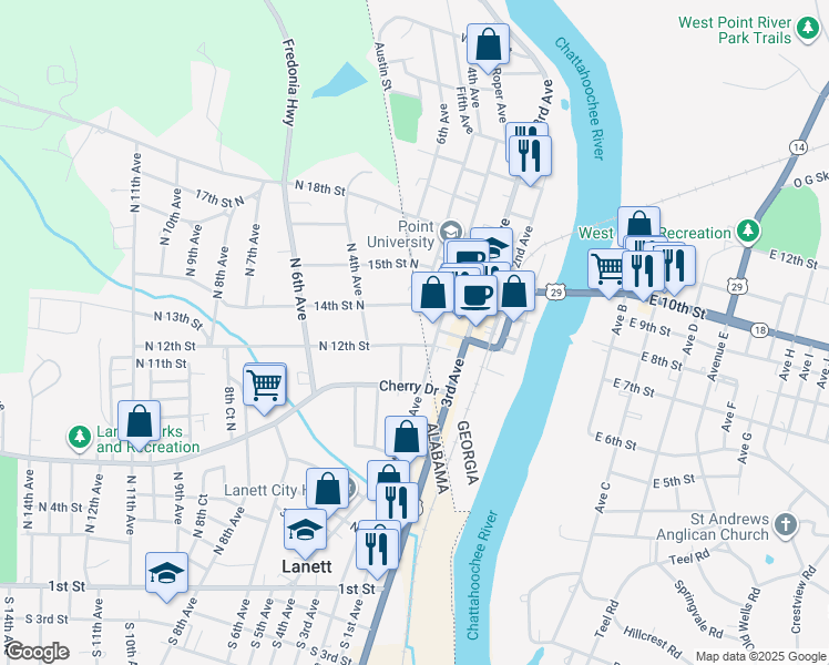 map of restaurants, bars, coffee shops, grocery stores, and more near 210 North 12th Street in Lanett