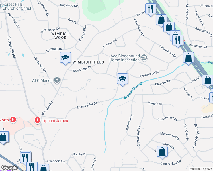 map of restaurants, bars, coffee shops, grocery stores, and more near 2986 Crestline Drive in Macon