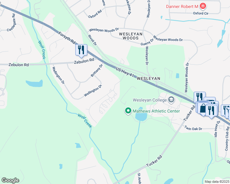 map of restaurants, bars, coffee shops, grocery stores, and more near 101 Covington Drive in Macon