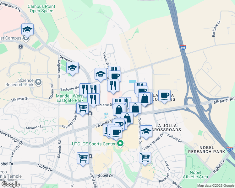map of restaurants, bars, coffee shops, grocery stores, and more near 4435 Eastgate Mall in San Diego