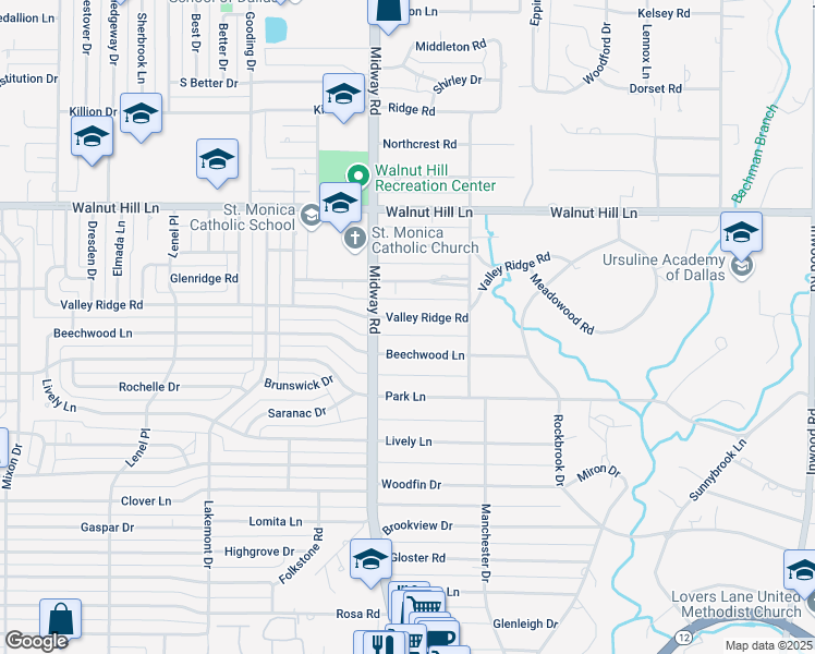 map of restaurants, bars, coffee shops, grocery stores, and more near 4231 Valley Ridge Road in Dallas