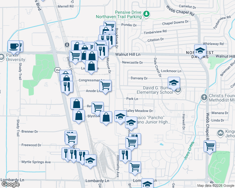 map of restaurants, bars, coffee shops, grocery stores, and more near 9877 Brockbank Drive in Dallas