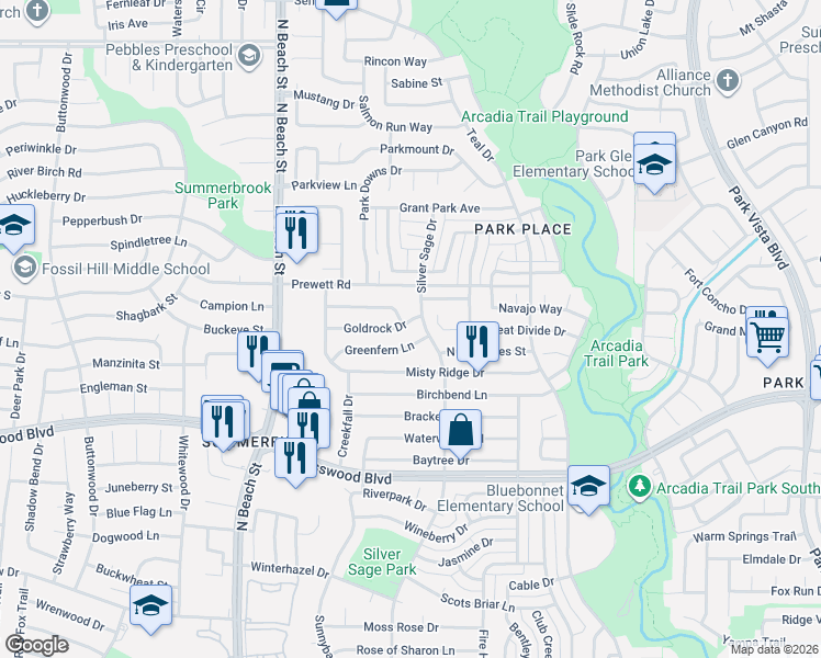 map of restaurants, bars, coffee shops, grocery stores, and more near 4672 Goldrock Drive in Fort Worth