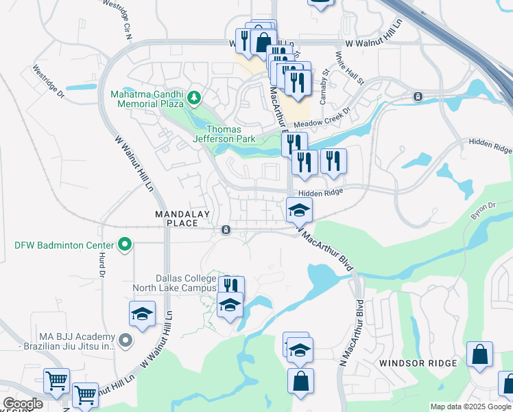 map of restaurants, bars, coffee shops, grocery stores, and more near 1100 Hidden Ridge in Irving