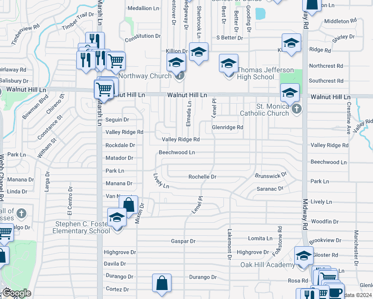 map of restaurants, bars, coffee shops, grocery stores, and more near 3937 Beechwood Lane in Dallas