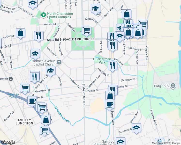 map of restaurants, bars, coffee shops, grocery stores, and more near 1179 South Boulevard in North Charleston