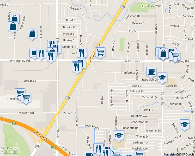 map of restaurants, bars, coffee shops, grocery stores, and more near 2126 Cranford Drive in Garland