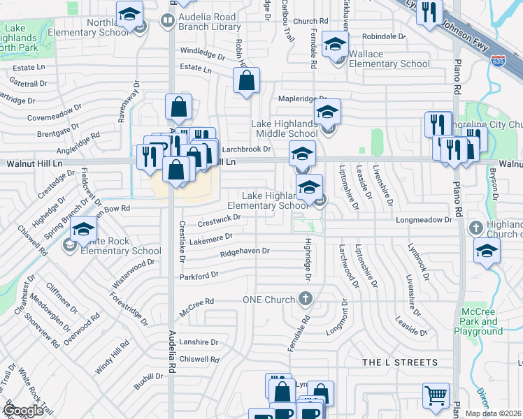 map of restaurants, bars, coffee shops, grocery stores, and more near 9524 Aldwick Drive in Dallas