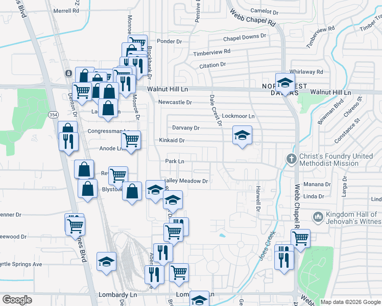 map of restaurants, bars, coffee shops, grocery stores, and more near 3116 Kinkaid Drive in Dallas