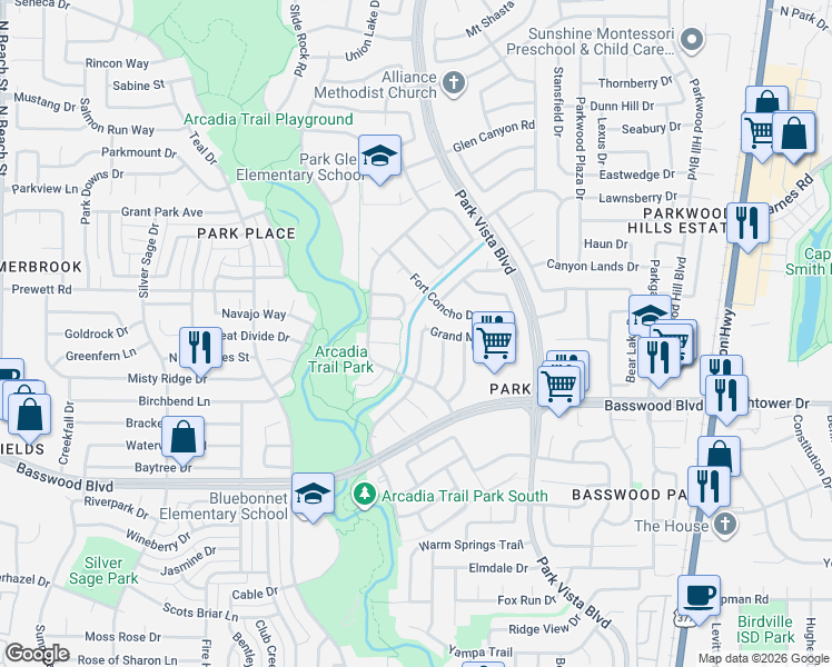map of restaurants, bars, coffee shops, grocery stores, and more near 5201 Grand Mesa Drive in Fort Worth