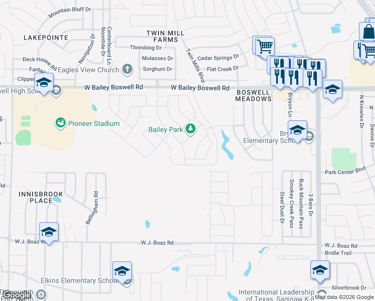 map of restaurants, bars, coffee shops, grocery stores, and more near Bold Eagle Drive in Fort Worth