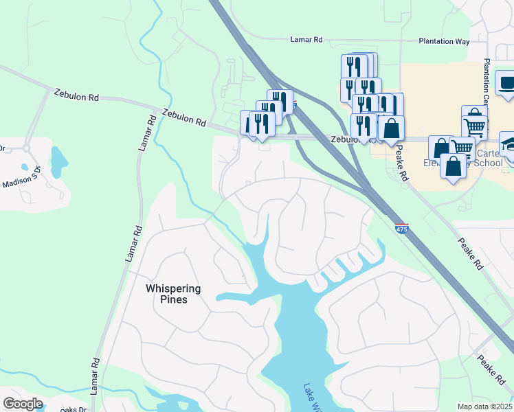 map of restaurants, bars, coffee shops, grocery stores, and more near 1137 Sandy Beach Drive in Macon