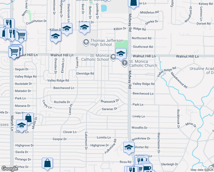 map of restaurants, bars, coffee shops, grocery stores, and more near 4129 Valley Ridge Road in Dallas