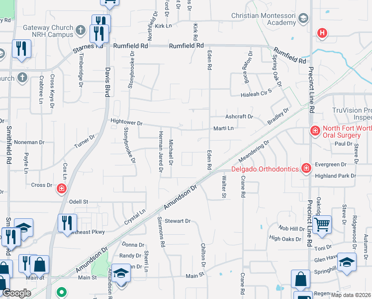 map of restaurants, bars, coffee shops, grocery stores, and more near 8629 Wishing Tree Lane in North Richland Hills