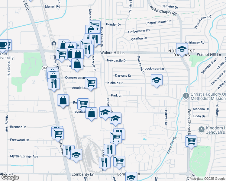 map of restaurants, bars, coffee shops, grocery stores, and more near 3045 Park Lane in Dallas