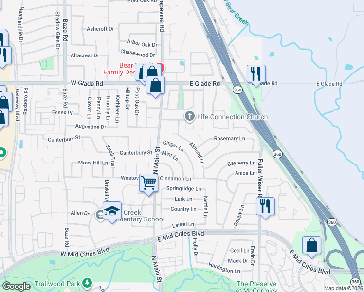 map of restaurants, bars, coffee shops, grocery stores, and more near 207 Almond Lane in Euless