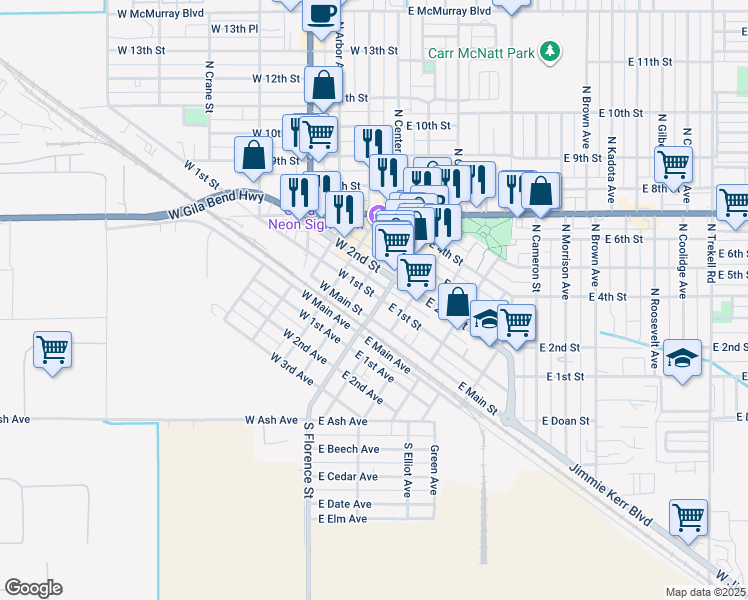 map of restaurants, bars, coffee shops, grocery stores, and more near 121 North Florence Street in Casa Grande