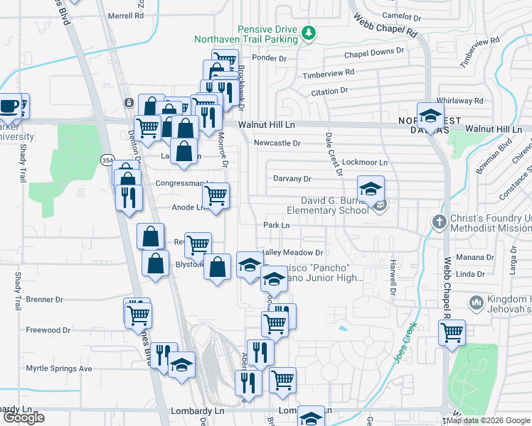 map of restaurants, bars, coffee shops, grocery stores, and more near 3016 Kinkaid Drive in Dallas
