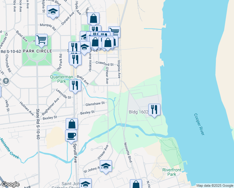 map of restaurants, bars, coffee shops, grocery stores, and more near 1005 Buist Avenue in North Charleston