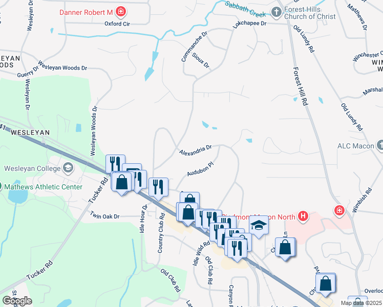 map of restaurants, bars, coffee shops, grocery stores, and more near Alexandria Drive in Macon