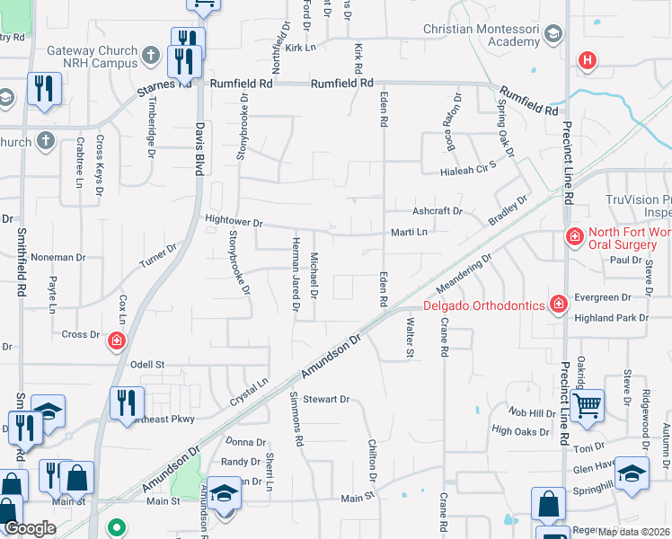 map of restaurants, bars, coffee shops, grocery stores, and more near 8629 Wishing Tree Lane in North Richland Hills
