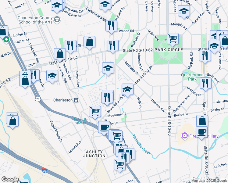 map of restaurants, bars, coffee shops, grocery stores, and more near 4501 Mixson Avenue in North Charleston