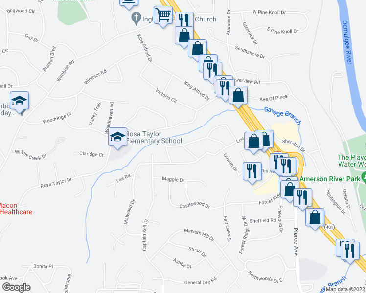 map of restaurants, bars, coffee shops, grocery stores, and more near 2787 Knollwood Drive in Macon