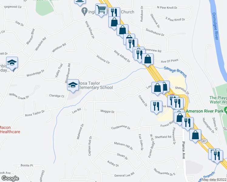 map of restaurants, bars, coffee shops, grocery stores, and more near Knollwood Drive in Macon