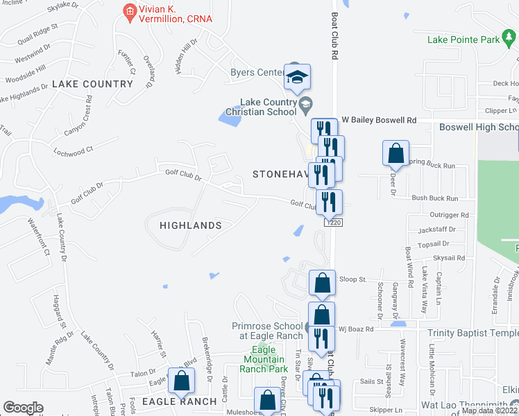 map of restaurants, bars, coffee shops, grocery stores, and more near 8829 Turnberry Court in Fort Worth