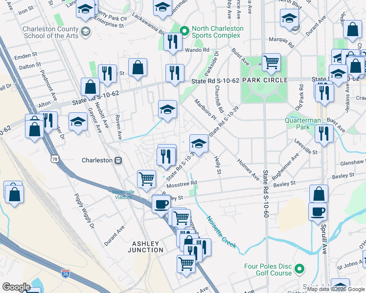 map of restaurants, bars, coffee shops, grocery stores, and more near 4500 Mixson Avenue in North Charleston