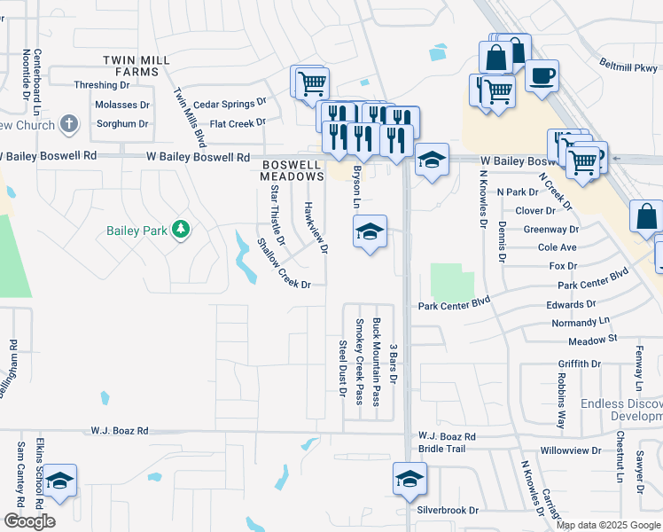 map of restaurants, bars, coffee shops, grocery stores, and more near 8520 Hawkview Drive in Fort Worth