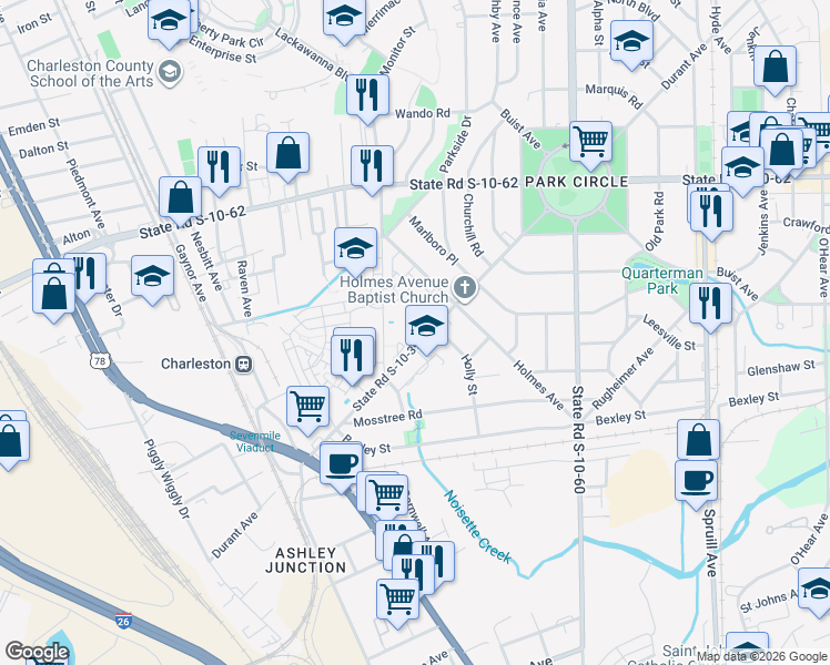 map of restaurants, bars, coffee shops, grocery stores, and more near 4602 Mixson Avenue in North Charleston