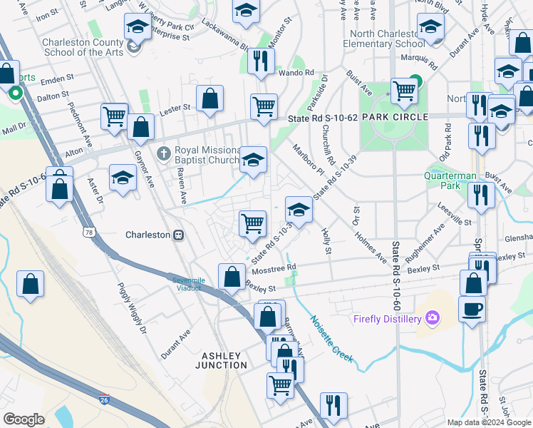 map of restaurants, bars, coffee shops, grocery stores, and more near 4575 Summey Street in North Charleston