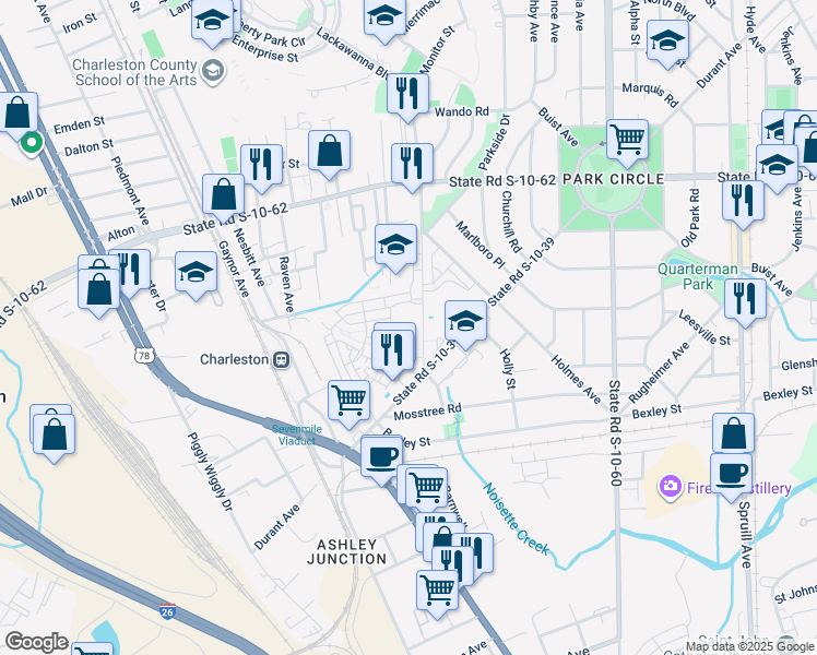 map of restaurants, bars, coffee shops, grocery stores, and more near 4575 Summey Street in North Charleston