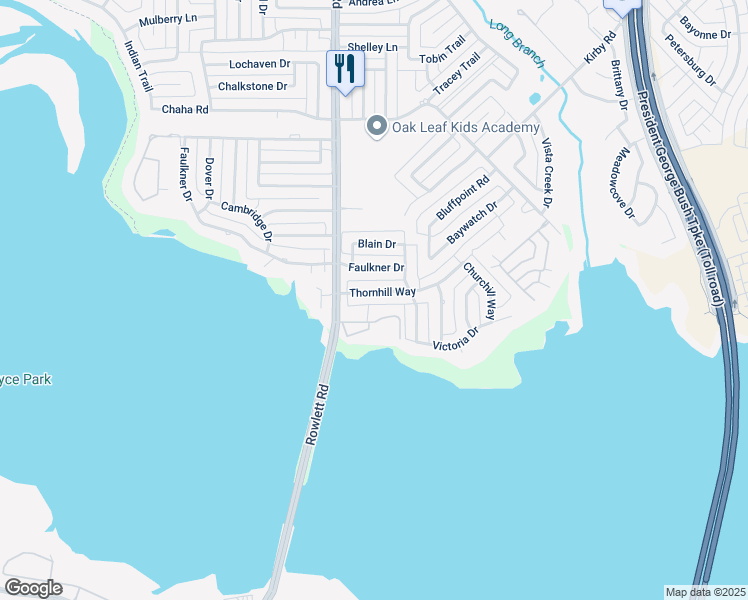 map of restaurants, bars, coffee shops, grocery stores, and more near 3601 Thornhill Way in Rowlett