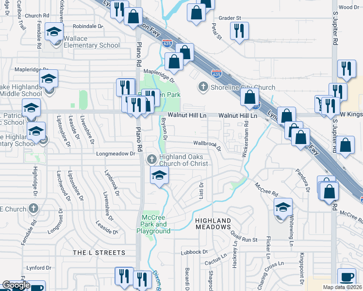 map of restaurants, bars, coffee shops, grocery stores, and more near 10901 Wallbrook Drive in Dallas