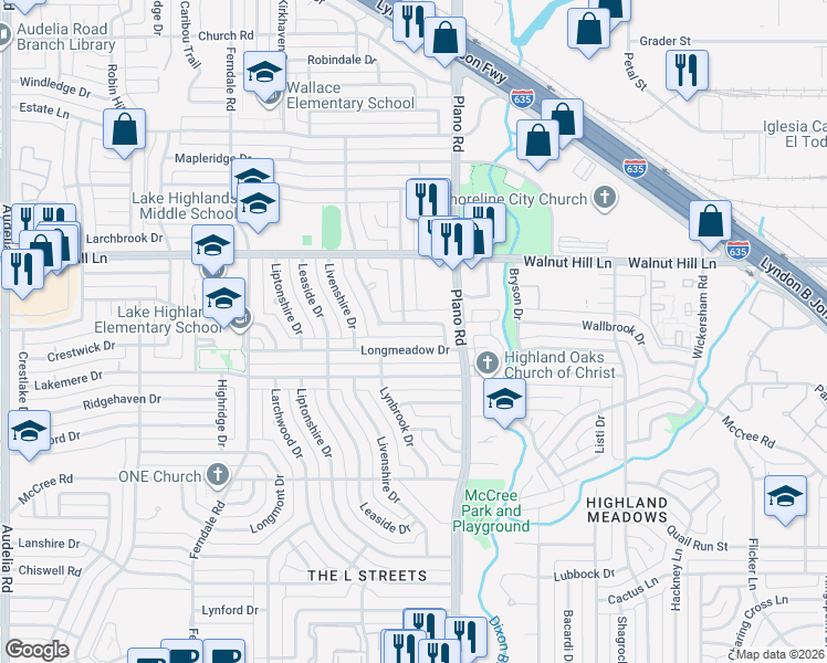 map of restaurants, bars, coffee shops, grocery stores, and more near 10635 Larchfield Lane in Dallas