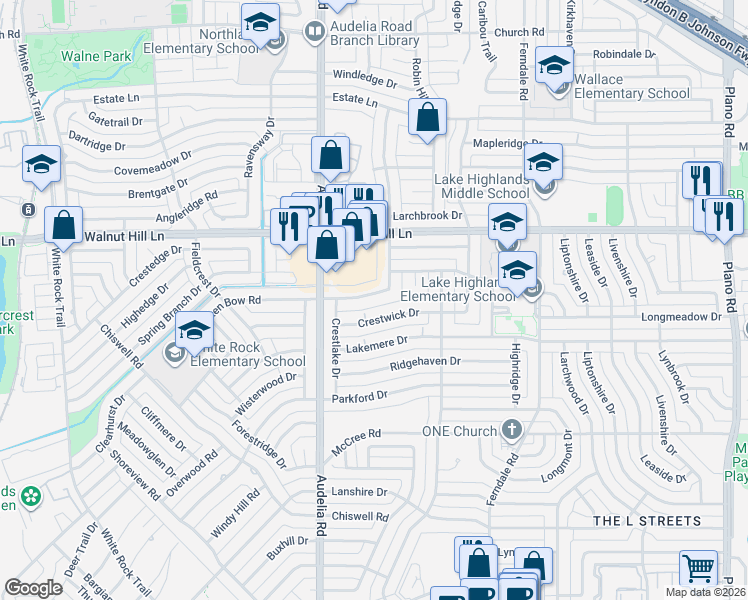 map of restaurants, bars, coffee shops, grocery stores, and more near 9859 Broken Bow Road in Dallas