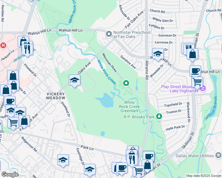 map of restaurants, bars, coffee shops, grocery stores, and more near 7637 Merriman Parkway in Dallas