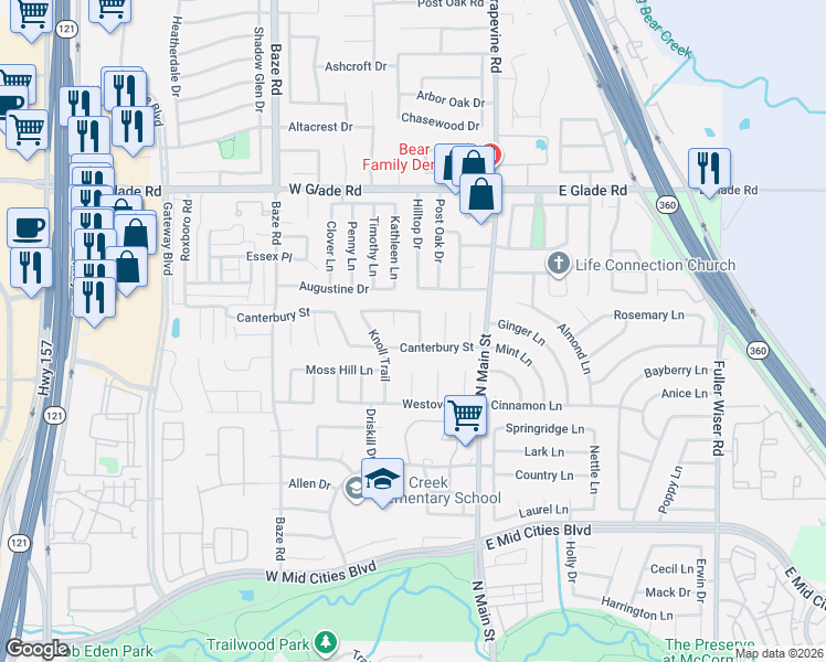 map of restaurants, bars, coffee shops, grocery stores, and more near 227 Brittany Court in Euless