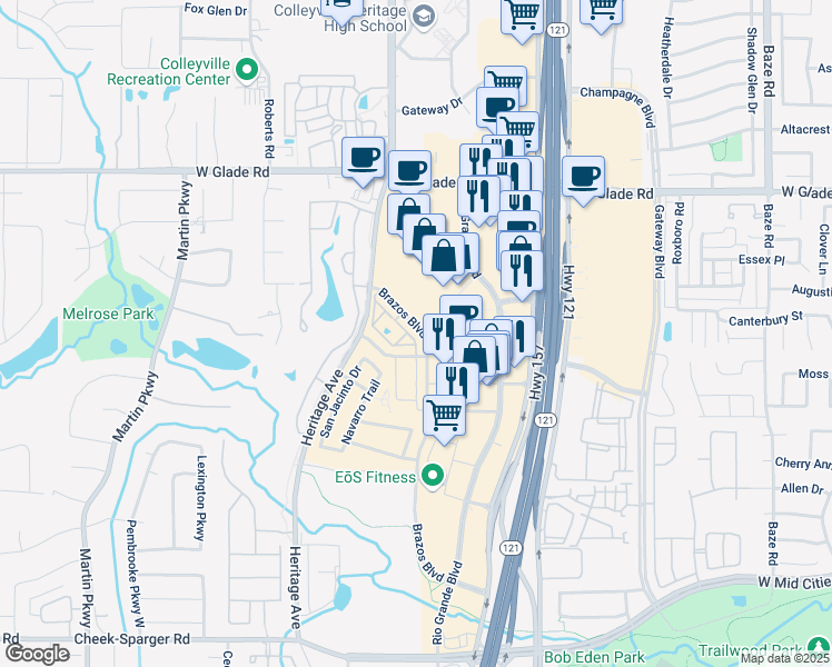 map of restaurants, bars, coffee shops, grocery stores, and more near 2800 Brazos Boulevard in Euless