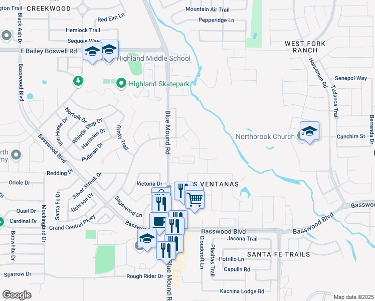 map of restaurants, bars, coffee shops, grocery stores, and more near 1300 Saddle Blanket Court in Fort Worth