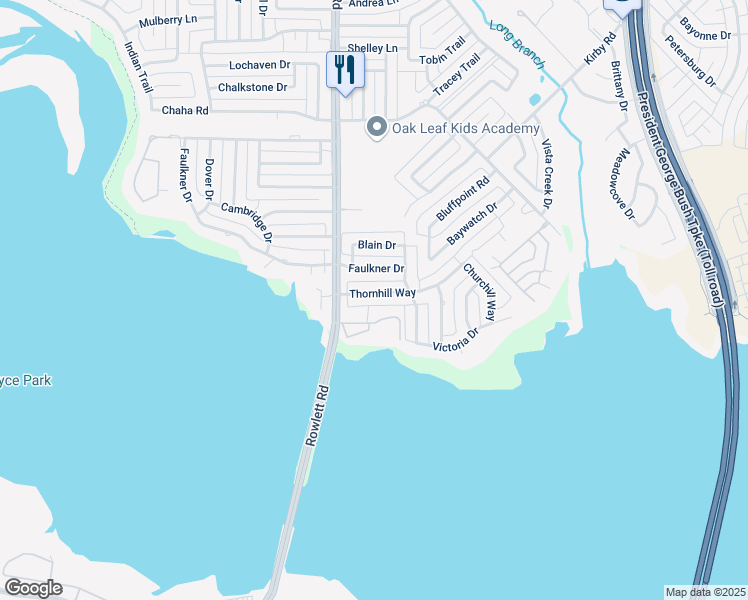 map of restaurants, bars, coffee shops, grocery stores, and more near 3601 Thornhill Way in Rowlett